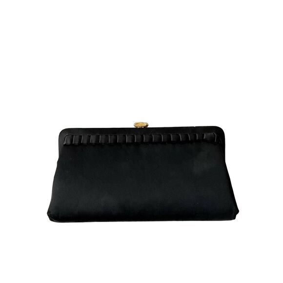 Handbags - Vintage Ruffled Black Textile Clutch With Gold Clasp